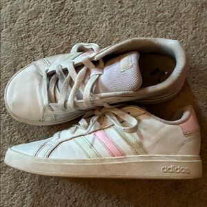 Adidas Kids White Sneakers with Pink Accents